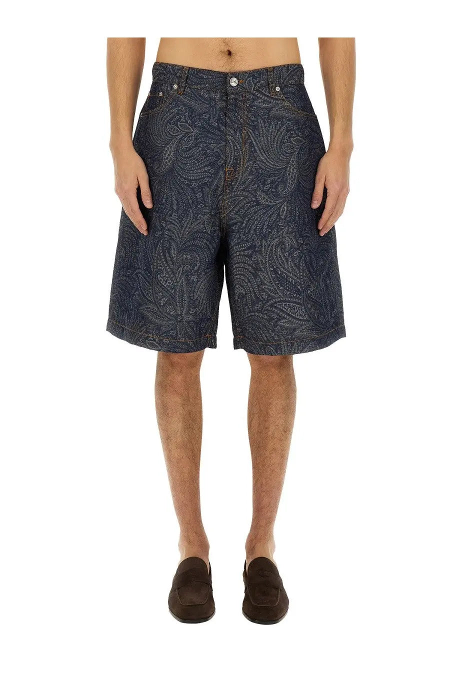 Dark blue ETRO men’s jacquard denim bermuda shorts with intricate lighter paisley pattern and detailed fabric texture