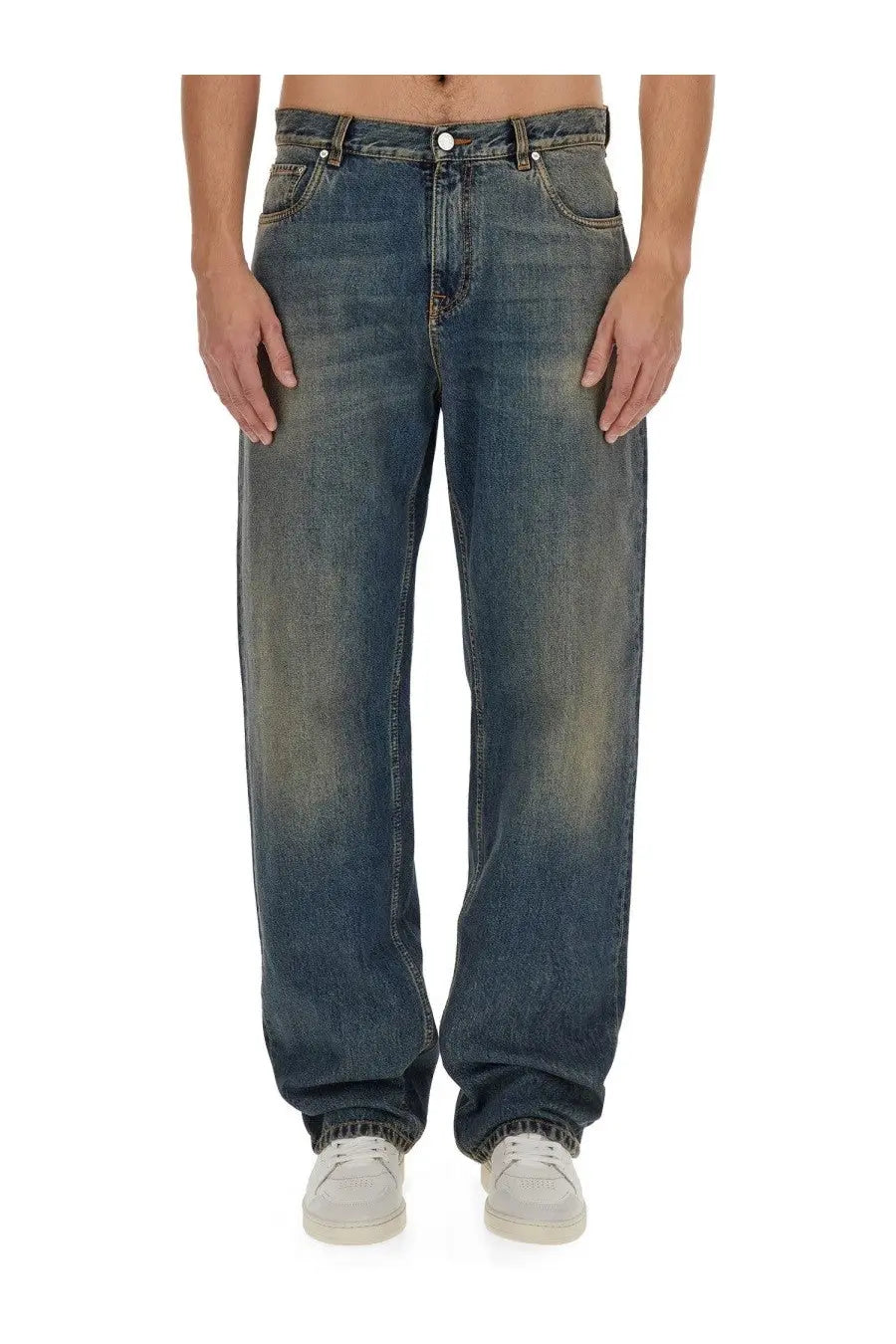 Etro men’s washed blue denim jeans with relaxed wide-leg cut and faded distressing in denim blue