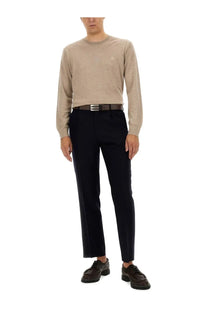 Etro men’s jersey beige long-sleeved knit sweater with subtle texture and small embroidered logo on chest