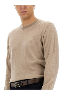 Etro men’s beige merino wool crewneck sweater with subtle embroidered logo on the left chest
