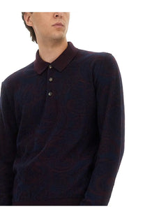 Etro men’s long sleeved polo shirt in dark navy knit with maroon paisley pattern and matching collar