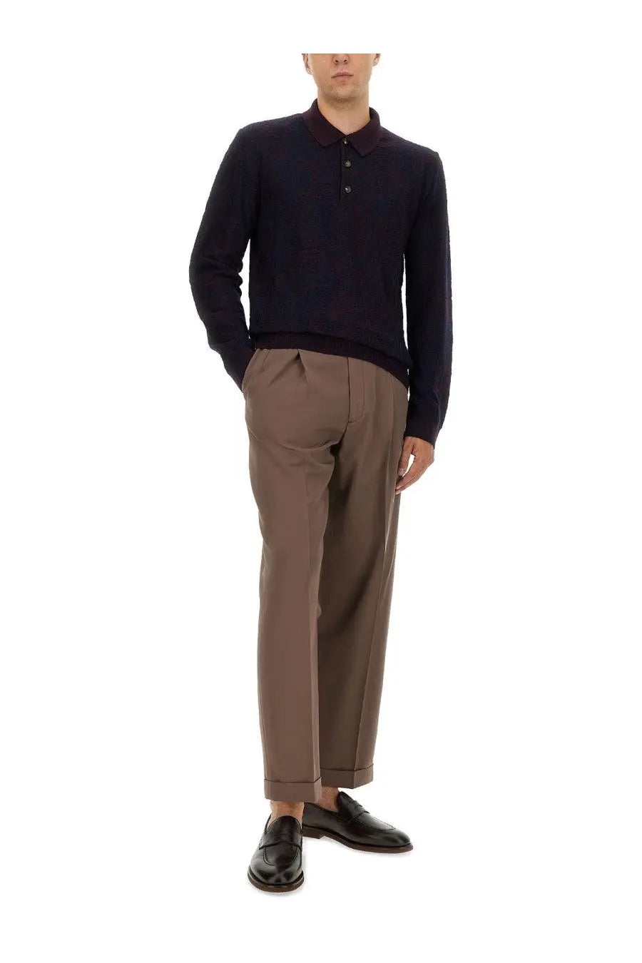 Etro men’s long sleeved knit polo shirt in dark navy with contrasting burgundy collar and buttoned placket
