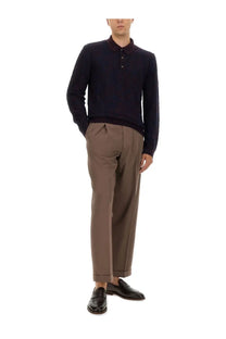 Etro men’s long sleeved knit polo shirt in dark navy with contrasting burgundy collar and buttoned placket
