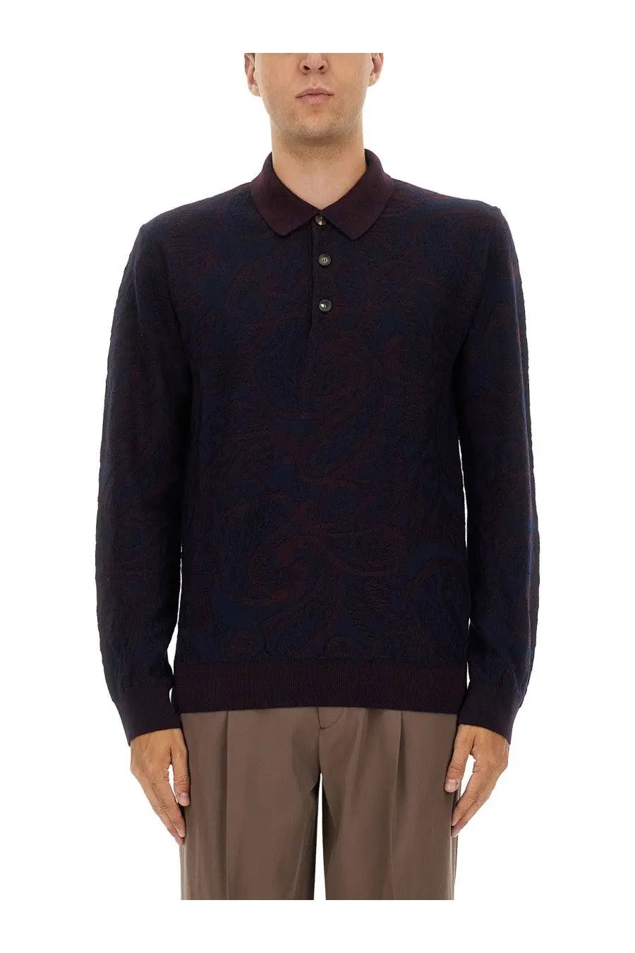 Etro men’s long sleeved polo shirt in dark navy knit with contrasting maroon collar and button placket