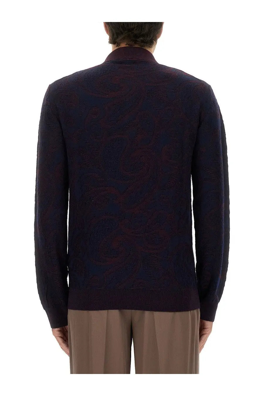 Etro men’s long sleeved polo shirt in dark navy knit with subtle maroon paisley pattern and ribbed cuffs