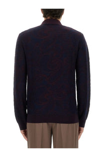 Etro men’s long sleeved polo shirt in dark navy knit with subtle maroon paisley pattern and ribbed cuffs