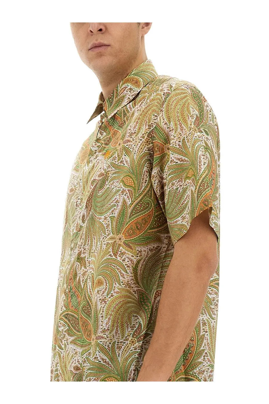 Etro men’s over shirt beige short-sleeved button-up with intricate green gold and beige paisley pattern
