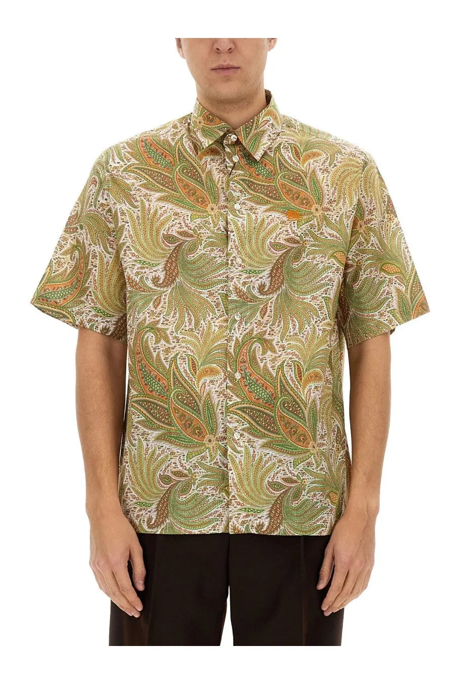 Etro men’s over shirt beige short-sleeved button-up with vibrant green and beige paisley pattern and intricate detailing