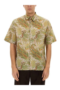 Etro men’s over shirt beige short-sleeved button-up with vibrant green and beige paisley pattern and intricate detailing