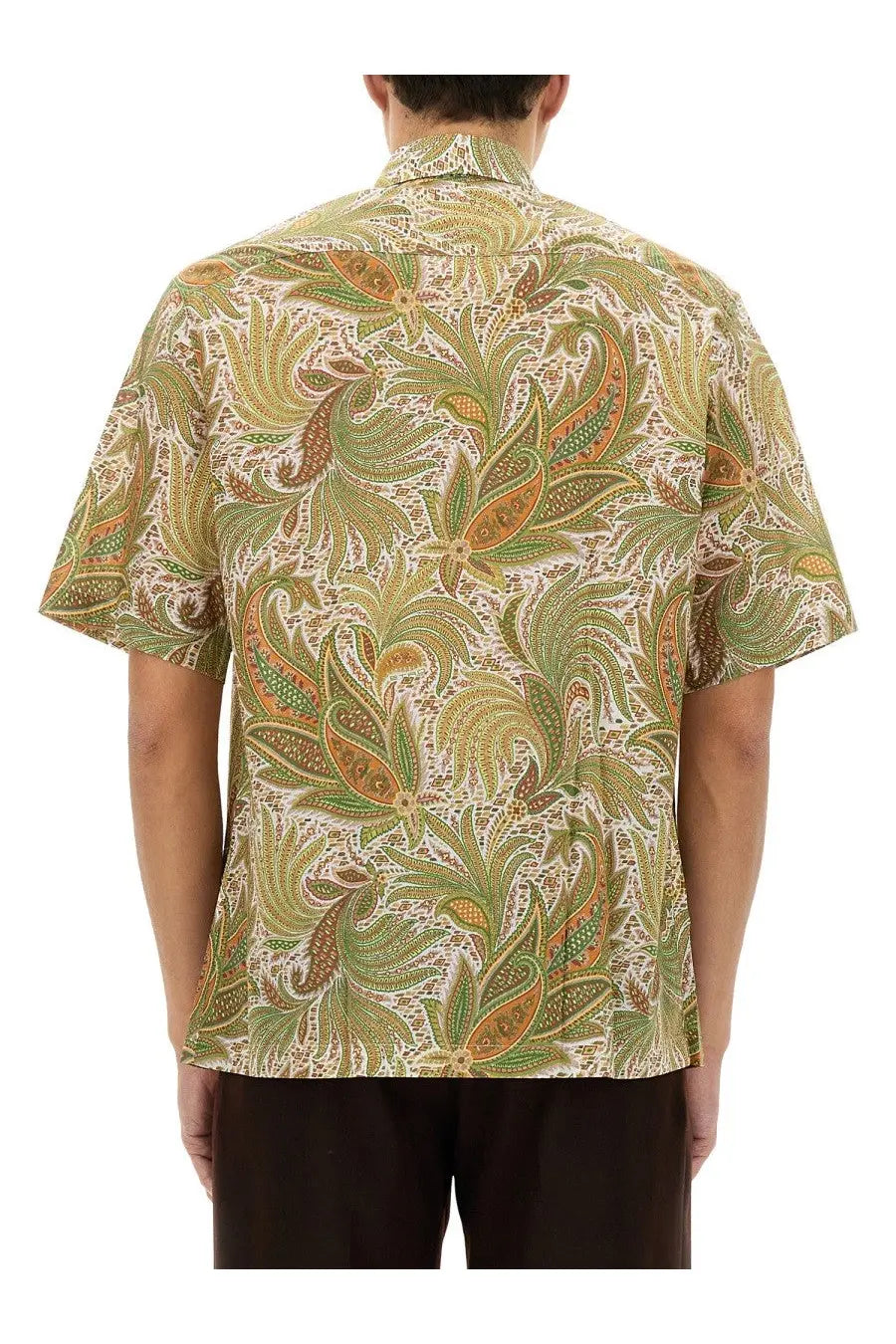 Etro men’s over shirt beige short-sleeved button-up with intricate green gold and brown paisley pattern on cream background
