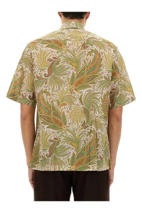 Etro men’s over shirt beige short-sleeved button-up with intricate green gold and brown paisley pattern on cream background