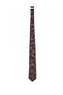 Etro men’s paisley jacquard silk tie in navy blue with rich burgundy and gold paisley pattern