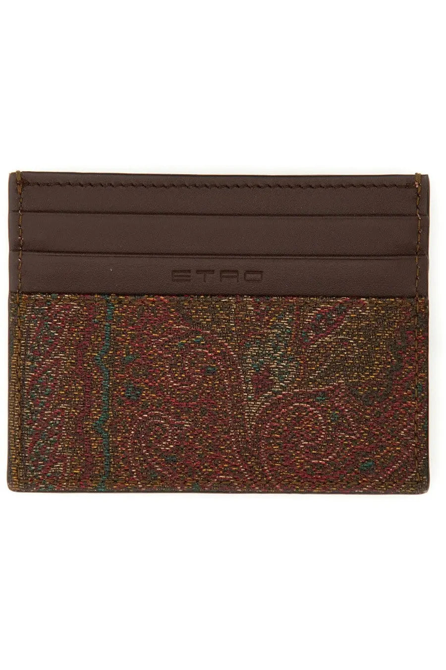 Brown leather ETRO men’s paisley print card holder with textured multicolored woven pattern and embossed logo