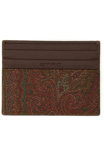 Brown leather ETRO men’s paisley print card holder with textured multicolored woven pattern and embossed logo