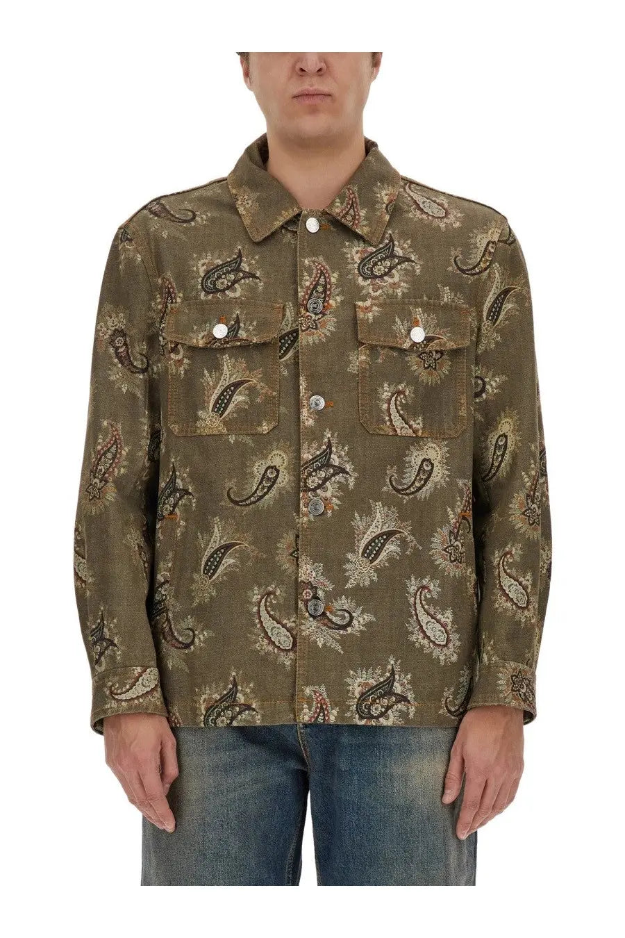 Etro men’s olive green paisley print button-up shirt with black beige pattern and two chest pockets with buttons