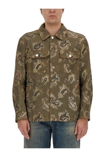 Etro men’s olive green paisley print button-up shirt with black beige pattern and two chest pockets with buttons