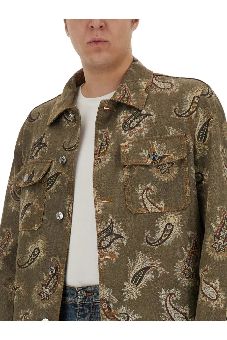 Etro men’s paisley print shirt featuring olive green corduroy fabric with brown cream and black paisley pattern
