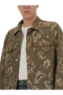 Etro men’s paisley print shirt featuring olive green corduroy fabric with brown cream and black paisley pattern
