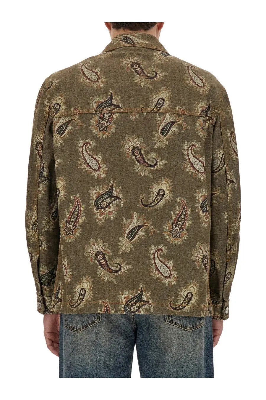 Etro men olive green denim jacket with paisley print in black beige and muted pink tones