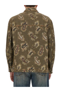 Etro men olive green denim jacket with paisley print in black beige and muted pink tones