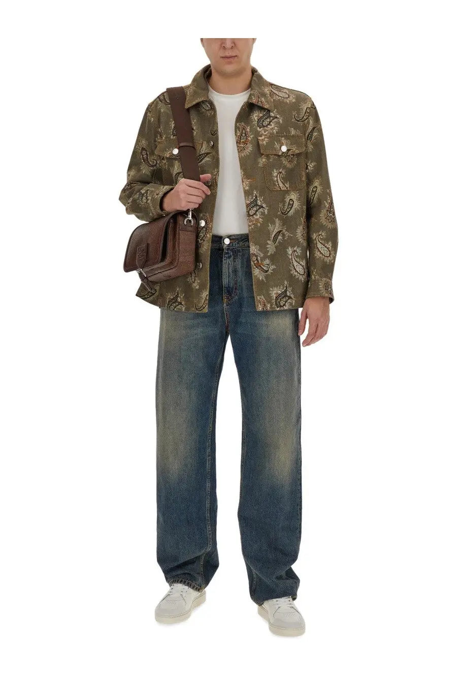 Etro men’s paisley print shirt multicolor paired with olive green paisley patterned jacket featuring brown leather strap and silver hardware