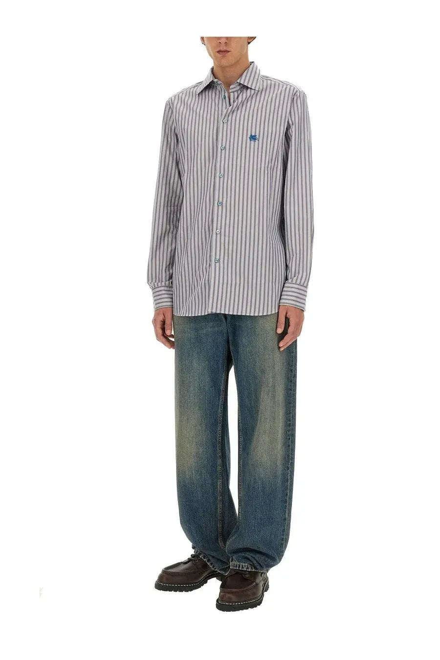 Etro men’s long-sleeved button-down shirt with vertical gray and white stripes and embroidered chest logo