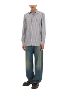 Etro men’s long-sleeved button-down shirt with vertical gray and white stripes and embroidered chest logo