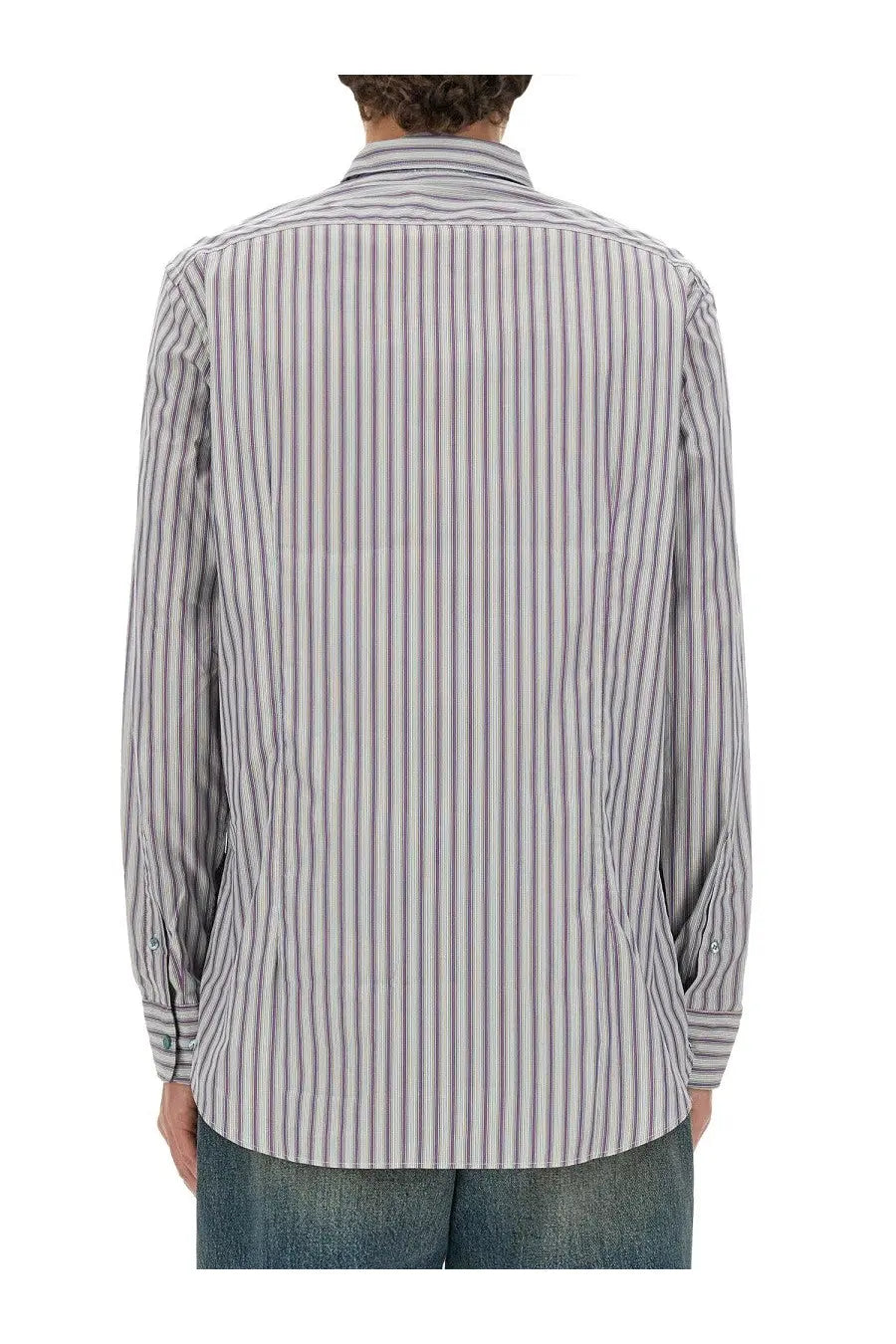 Etro men’s Pegasus long-sleeved button-up shirt with vertical stripes in gray white and subtle blue tones