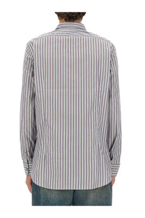 Etro men’s Pegasus long-sleeved button-up shirt with vertical stripes in gray white and subtle blue tones