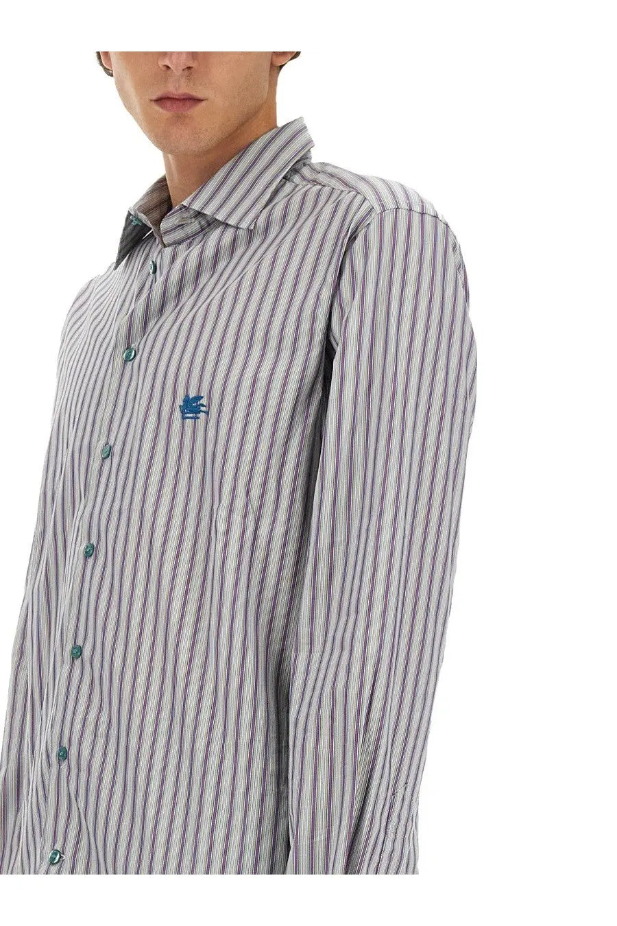Etro men’s pegasus long-sleeved button-down shirt with gray and purple vertical stripes and teal buttons