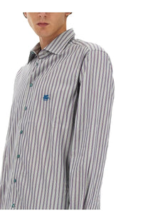 Etro men’s pegasus long-sleeved button-down shirt with gray and purple vertical stripes and teal buttons