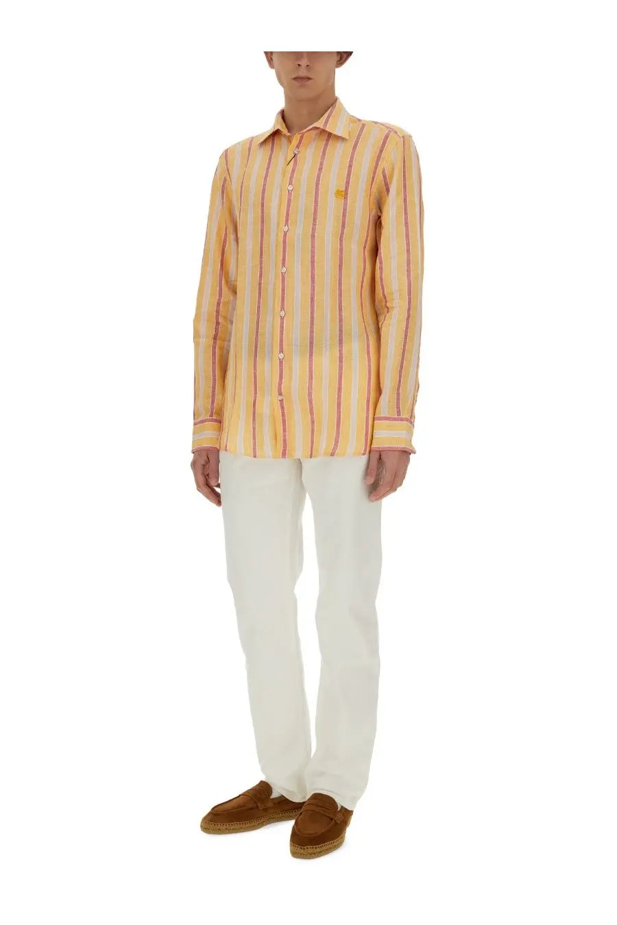 Etro men’s pegasus shirt multicolor long-sleeved button-up with pale yellow and muted pink vertical stripes in lightweight fabric