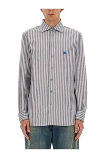 Etro men’s Pegasus long-sleeved button-up shirt with vertical gray and white stripes and blue embroidered logo