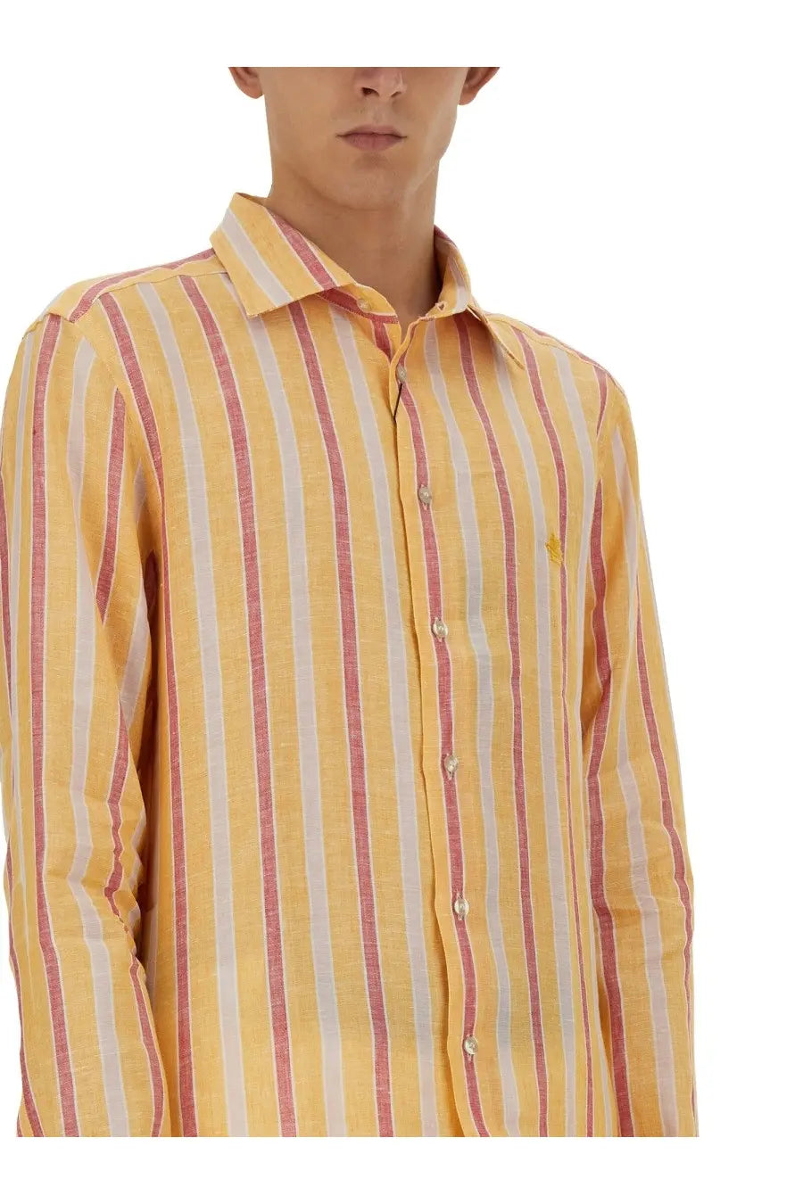 Etro men’s Pegasus shirt multicolor with vibrant yellow and pink vertical stripes and a subtle textured weave