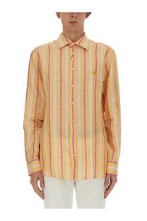 Etro men’s pegasus shirt multicolor yellow and pink striped long-sleeve button-up with embroidered chest logo