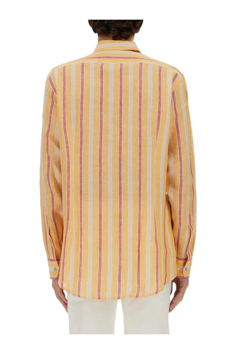 Etro men’s Pegasus shirt multicolor featuring yellow and pink vertical stripes with long sleeves and a collar