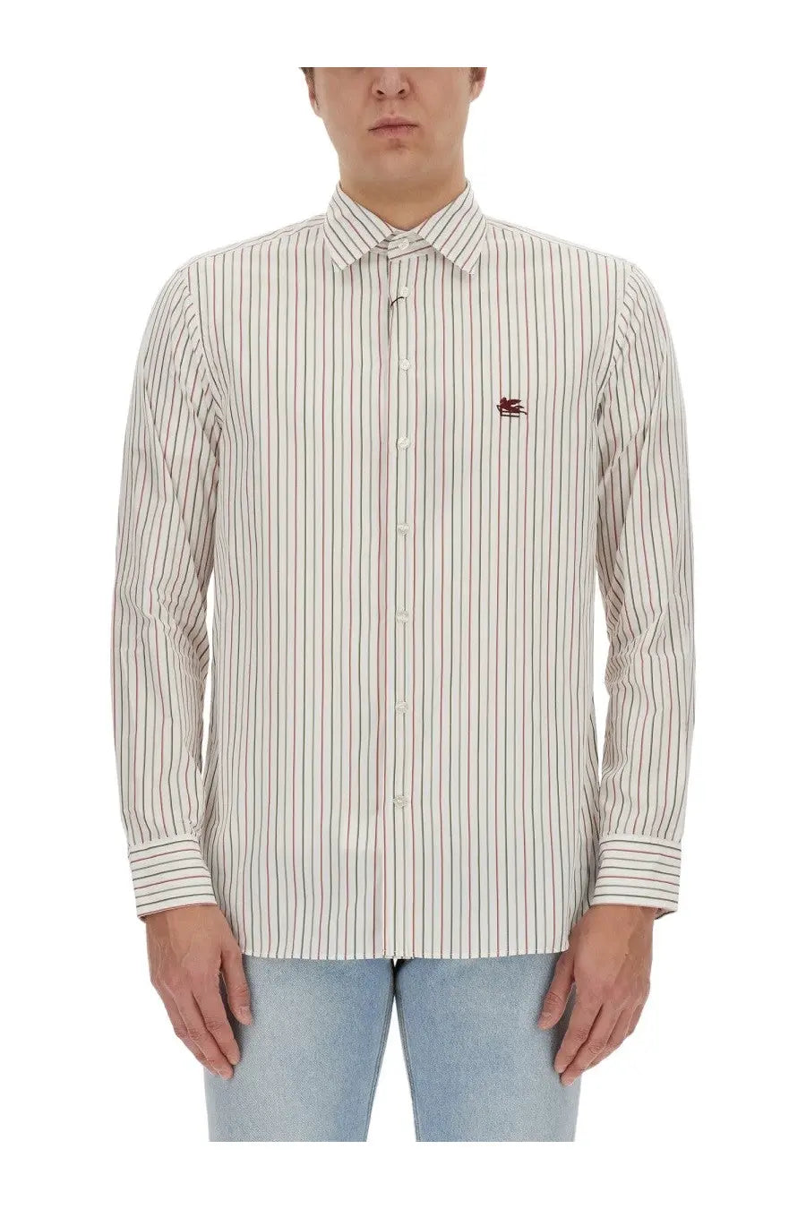 Etro men’s pegasus shirt white cream long-sleeve button-down with thin red and green stripes and chest logo embroidery