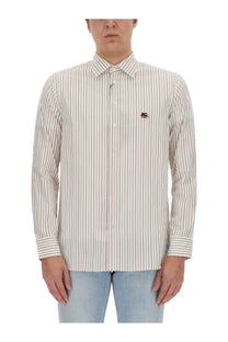 Etro men’s pegasus shirt white cream long-sleeve button-down with thin red and green stripes and chest logo embroidery
