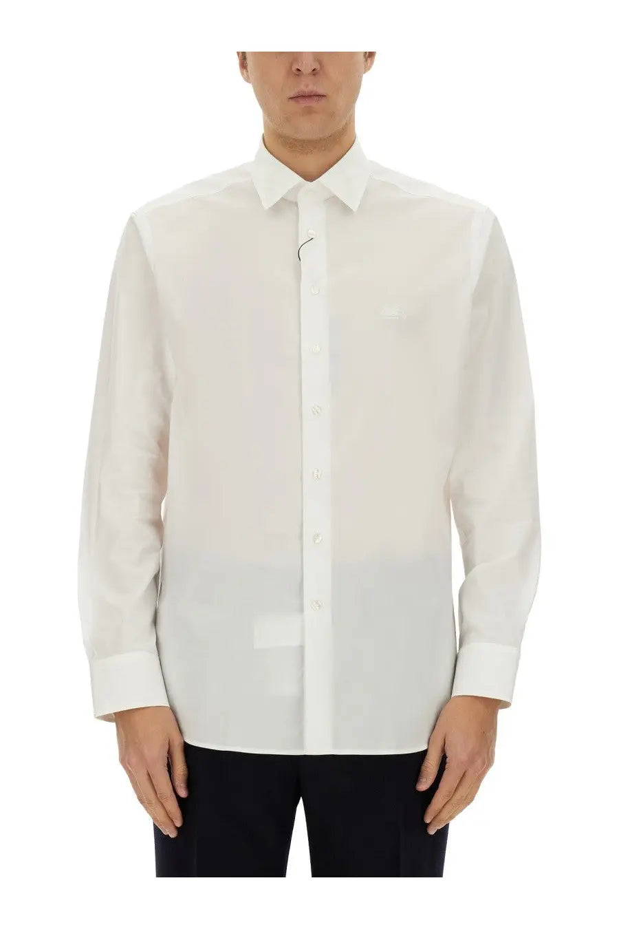 Etro men’s Pegasus shirt white is a crisp white long-sleeved button-down shirt with a classic collar and subtle texture