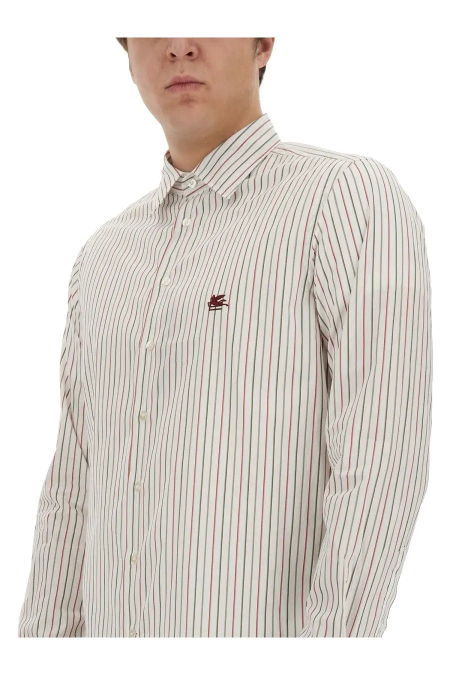 Etro men’s pegasus shirt white long-sleeved cream button-down with red and green stripes and embroidered logo