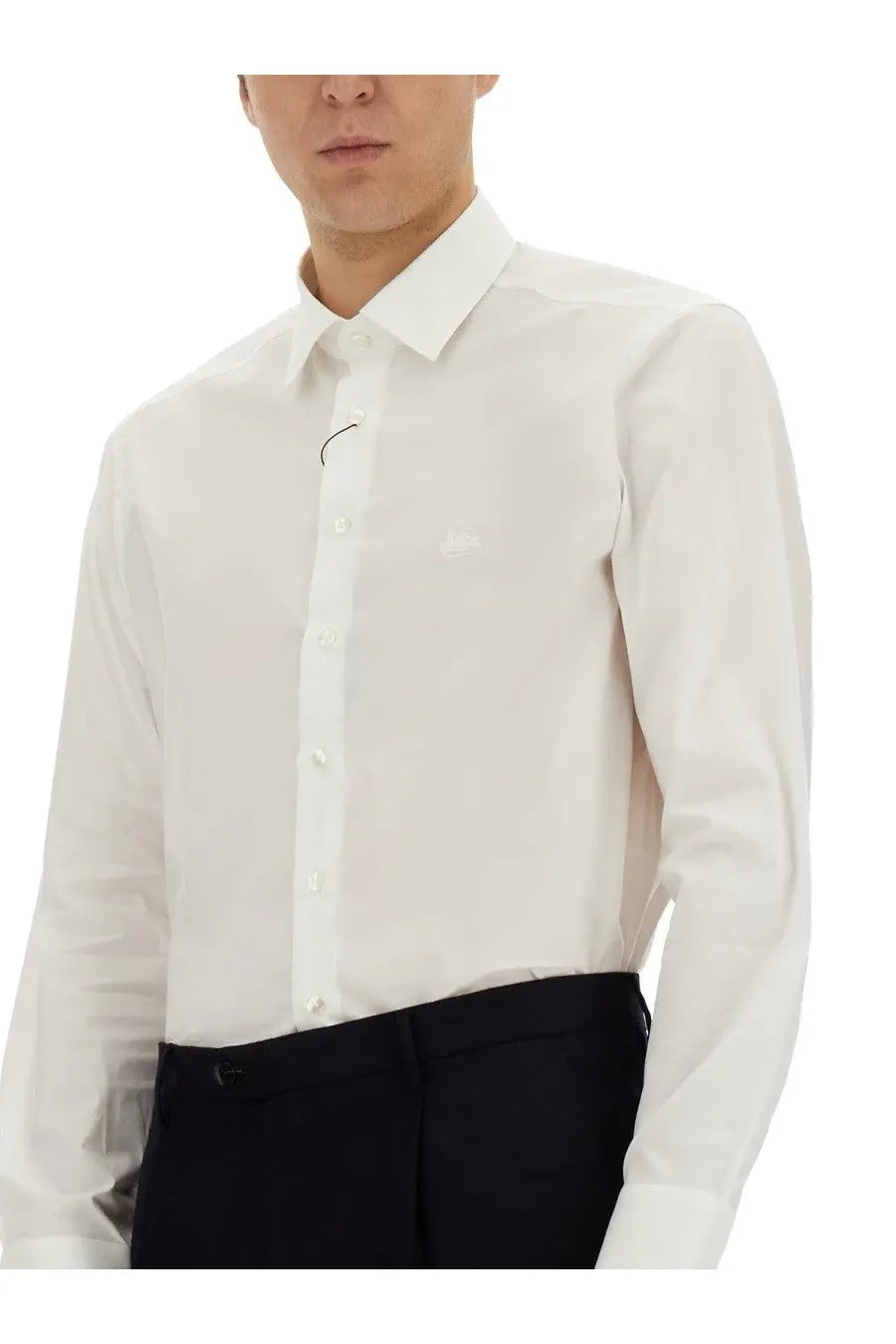 Etro men’s Pegasus white long-sleeved button-down shirt with crisp collar and subtle chest embroidery