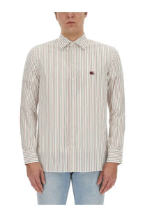 Etro men’s pegasus long-sleeved button-down shirt with cream black red vertical stripes and embroidered logo on left chest