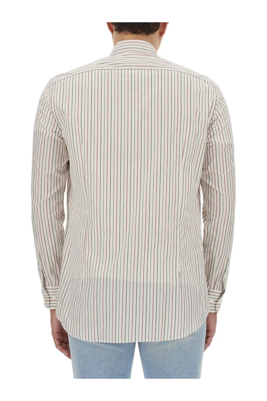 Etro men’s Pegasus shirt white long-sleeved button-down with cream red and green vertical stripes on cotton fabric