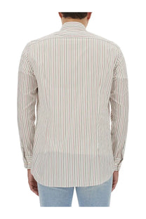 Etro men’s Pegasus shirt white long-sleeved button-down with cream red and green vertical stripes on cotton fabric