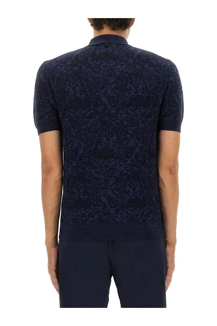 Navy blue short-sleeved knit polo shirt with intricate dark pattern by ETRO for men in a stylish casual design