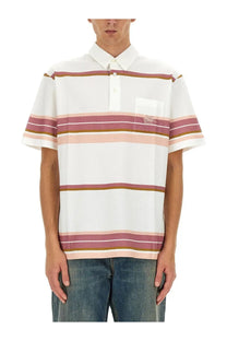 Etro men’s white polo shirt with horizontal pink mauve and tan stripes for casual wear