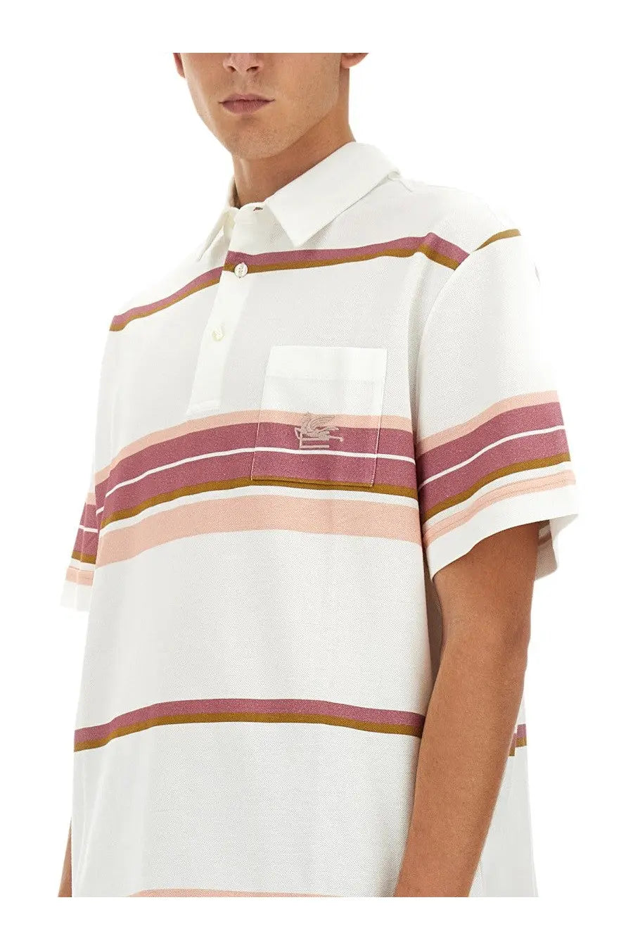 Etro men’s white polo shirt with horizontal dusty rose pink and muted brown stripes and embroidered lacoste chest pocket