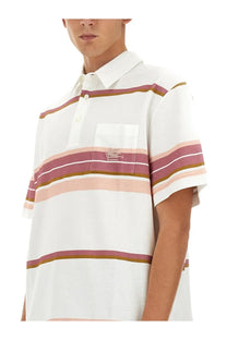 Etro men’s white polo shirt with horizontal dusty rose pink and muted brown stripes and embroidered lacoste chest pocket