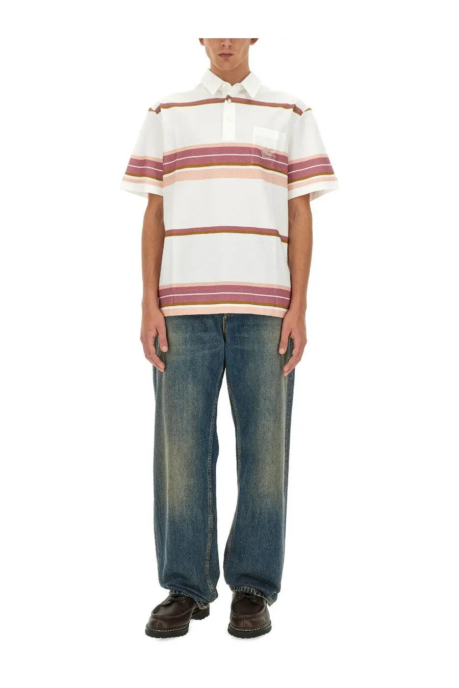 Etro men’s white polo shirt with short sleeves and horizontal stripes in pink mauve and brown