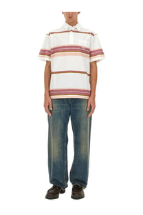 Etro men’s white polo shirt with short sleeves and horizontal stripes in pink mauve and brown